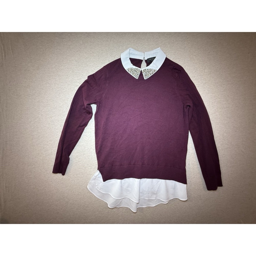 Ted Baker Woman's Burgundy Sweater With Jewel Collar Preppy